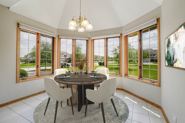 13860 Steeples Rd, Lemont, IL 60439 - dining room featuring light tile patterned flooring, lofted ceiling, a chandelier, and plenty of natural light