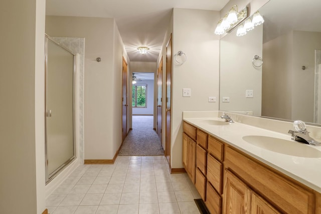13860 Steeples Rd, Lemont, IL 60439 - full bathroom featuring tile patterned flooring, a shower stall, double vanity, and baseboards