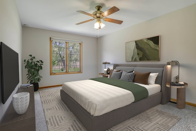 13860 Steeples Rd, Lemont, IL 60439 - bedroom with baseboards, light carpet, and ceiling fan