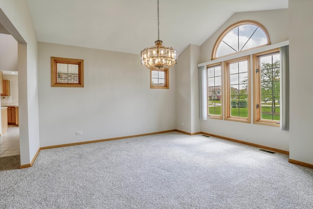 13860 Steeples Rd, Lemont, IL 60439 - unfurnished room with light carpet, a chandelier, baseboards, and lofted ceiling