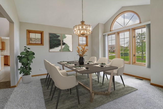 13860 Steeples Rd, Lemont, IL 60439 - dining space featuring plenty of natural light, vaulted ceiling, light carpet, and baseboards