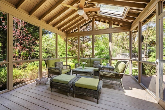 585 Apache Dr, Batavia, IL 60510 - sunroom / solarium with lofted ceiling, a ceiling fan, outdoor lounge area, and a skylight