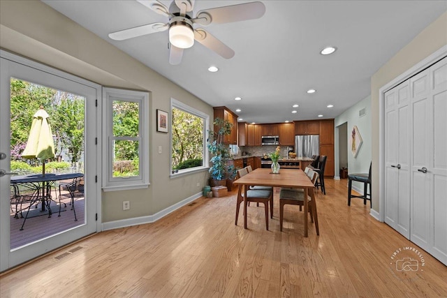 585 Apache Dr, Batavia, IL 60510 - dining area with baseboards, light wood-style flooring, a ceiling fan, and recessed lighting