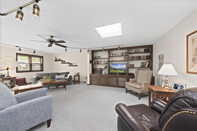 1557 Swallow St, Naperville, IL 60565 - living room with track lighting, a skylight, carpet flooring, and ceiling fan