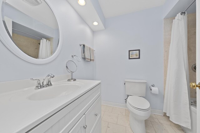 1557 Swallow St, Naperville, IL 60565 - bathroom with recessed lighting, toilet, baseboards, vanity, and shower / tub combo