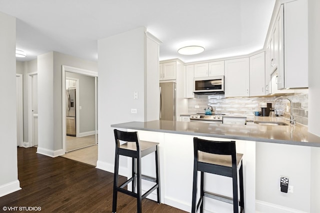 5415 N Sheridan Rd Unit 3004, Chicago, IL 60640 - kitchen with appliances with stainless steel finishes, a sink, a peninsula, decorative backsplash, and dark wood-type flooring