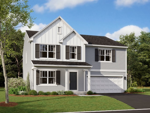 view of front facade featuring driveway, board and batten siding, an attached garage, a shingled roof, and a front yard