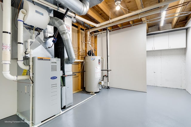 unfinished basement featuring water heater and heating unit
