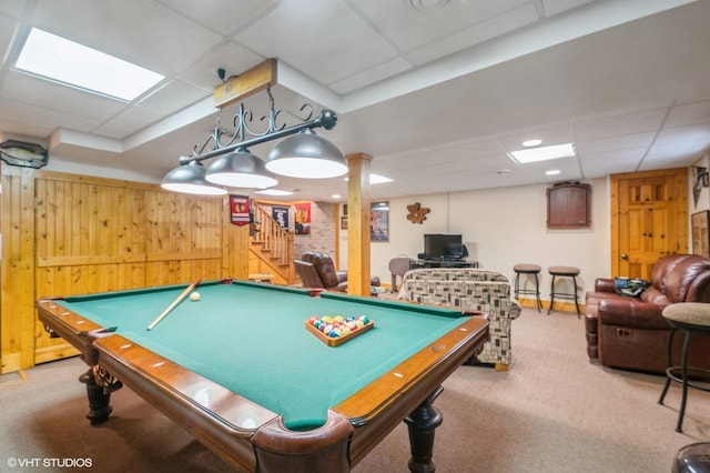 18038 Whitman Ln, Lansing, IL 60438 - recreation room featuring a paneled ceiling, carpet floors, billiards, and wood walls