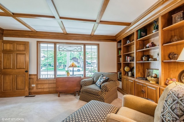 18038 Whitman Ln, Lansing, IL 60438 - living area with light colored carpet, coffered ceiling, a wainscoted wall, beam ceiling, and wood walls