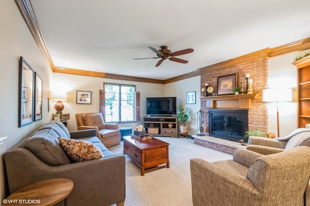 18038 Whitman Ln, Lansing, IL 60438 - living room with ornamental molding, carpet floors, ceiling fan, and a fireplace