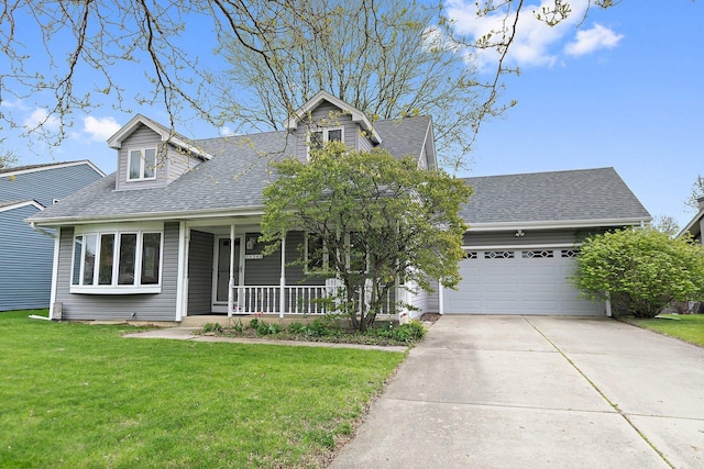 cape cod home featuring roof with shingles, a garage, concrete driveway, and covered porch