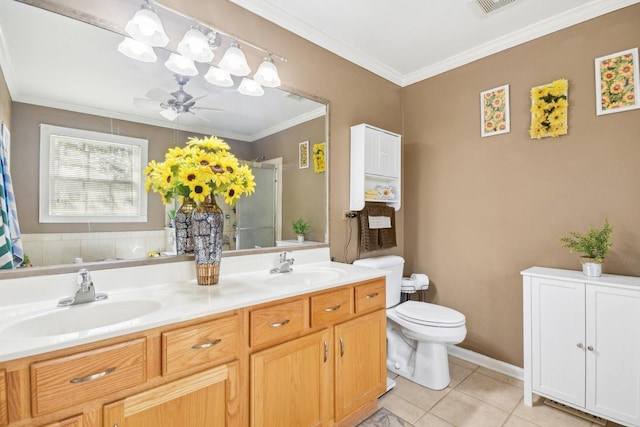 10409 Evendale Dr, Huntley, IL 60142 - full bath featuring an enclosed shower, tile patterned floors, toilet, crown molding, and double vanity