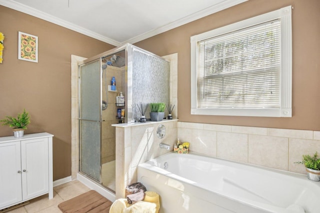 10409 Evendale Dr, Huntley, IL 60142 - full bathroom featuring a shower stall, ornamental molding, a bath, and tile patterned floors