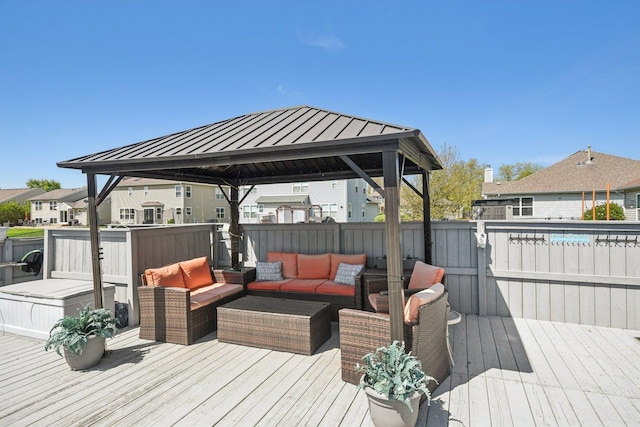 10409 Evendale Dr, Huntley, IL 60142 - wooden terrace with an outdoor hangout area, a gazebo, fence, and a residential view