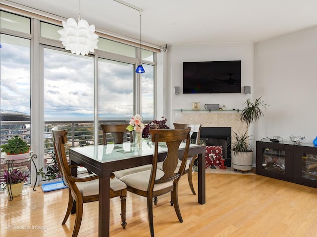 1515 S Prairie Ave Unit 1306, Chicago, IL 60605 - dining area with light wood-style floors, a chandelier, a wall of windows, and a fireplace