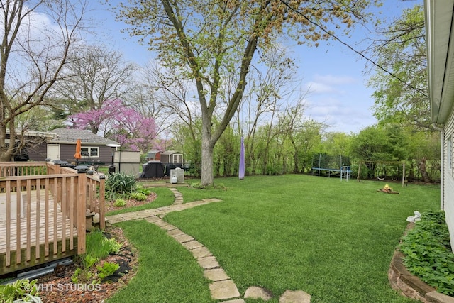 view of yard featuring a trampoline, an outdoor structure, a deck, and a storage unit