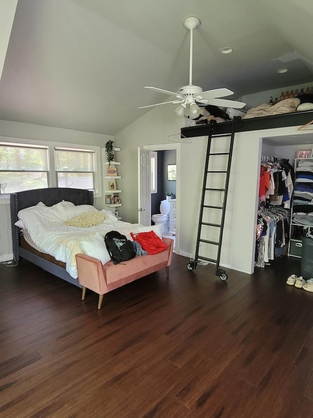 6N241 Roselle Rd, Roselle, IL 60172 - bedroom featuring wood finished floors, vaulted ceiling, ceiling fan, a walk in closet, and a closet