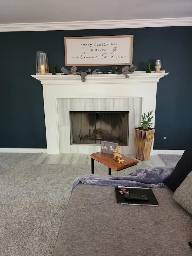 6N241 Roselle Rd, Roselle, IL 60172 - detailed view of a fireplace with flush hearth, baseboards, ornamental molding, and carpet floors