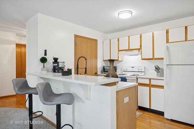1443 Spring Brook Ct Unit 1B, Round Lake Beach, IL 60073 - kitchen with white appliances, under cabinet range hood, a kitchen bar, light countertops, and a peninsula