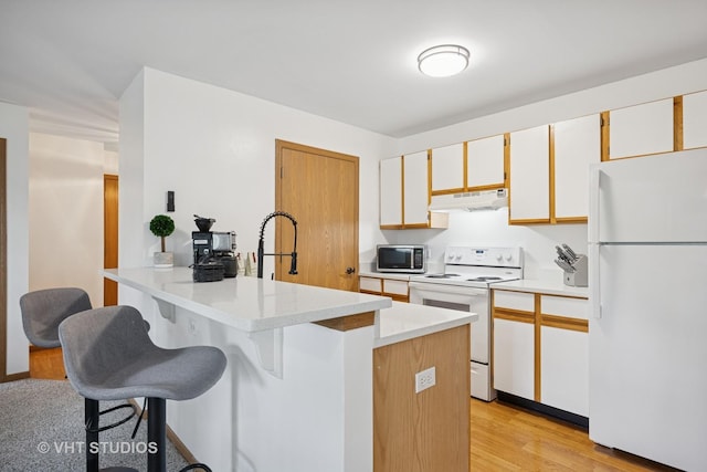 1443 Spring Brook Ct Unit 1B, Round Lake Beach, IL 60073 - kitchen featuring white appliances, under cabinet range hood, a kitchen breakfast bar, a peninsula, and light countertops