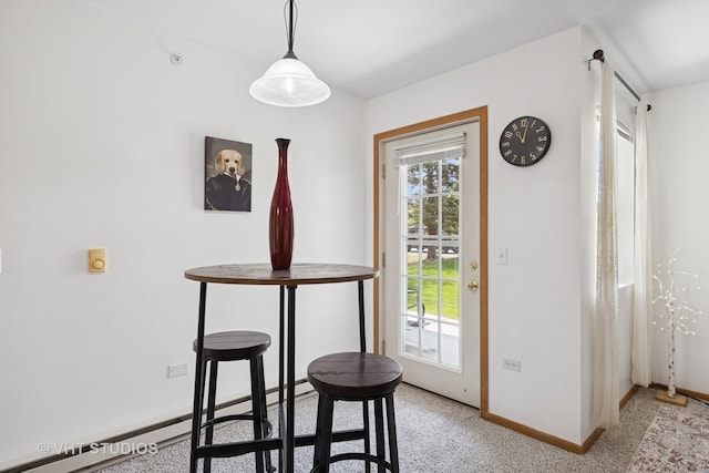 1443 Spring Brook Ct Unit 1B, Round Lake Beach, IL 60073 - dining space featuring a baseboard heating unit, baseboards, and light colored carpet