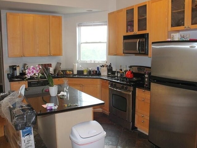 1623 N Halsted St, Chicago, IL 60614 - kitchen featuring stainless steel appliances, a sink, dark countertops, glass insert cabinets, and a kitchen island