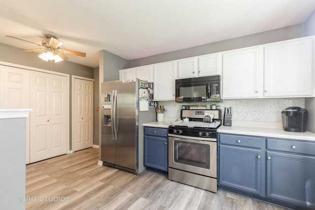1222 Hillsborough Ct Unit 1222, Crystal Lake, IL 60014 - kitchen featuring appliances with stainless steel finishes, blue cabinets, a ceiling fan, light wood-style flooring, and light countertops
