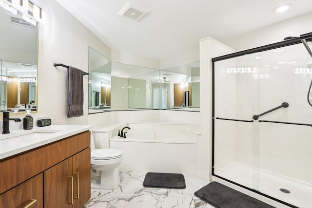 316 Spring Creek Cir, Schaumburg, IL 60173 - bathroom with a shower stall, marble look tiles, a bath, toilet, and vanity