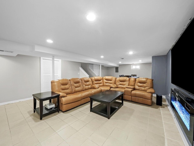 417 Oglesby Ave, Calumet City, IL 60409 - living room with stairs, light tile patterned flooring, visible vents, and recessed lighting