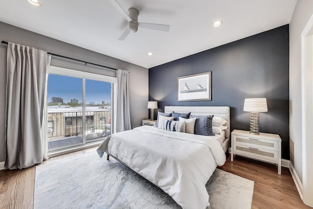 bedroom with access to exterior, baseboards, wood finished floors, recessed lighting, and ceiling fan