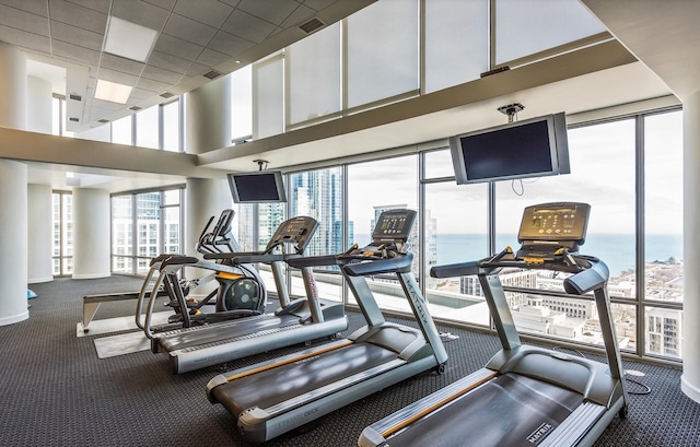 exercise room featuring carpet floors and a towering ceiling