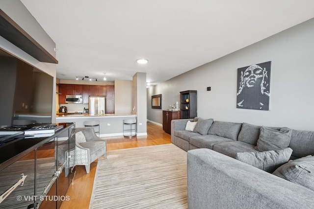 living area featuring light wood-type flooring and track lighting