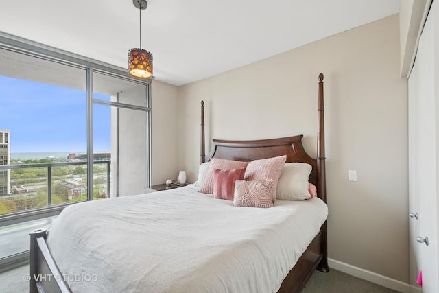 carpeted bedroom with a wall of windows and baseboards