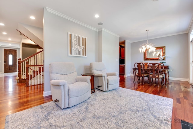 893 S Plum Grove Rd, Palatine, IL 60067 - living room featuring stairs, a chandelier, wood finished floors, baseboards, and ornamental molding