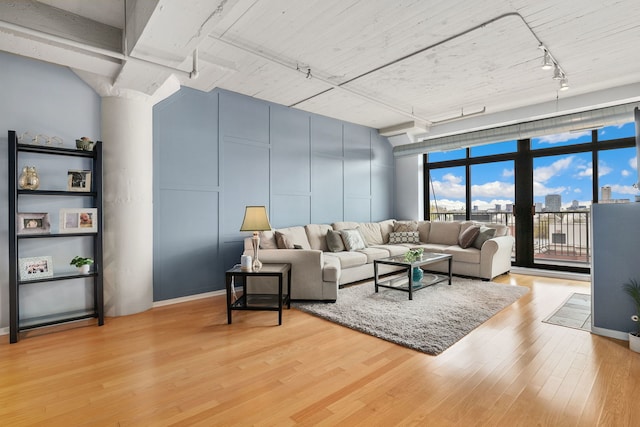 living room with rail lighting and light wood-style floors