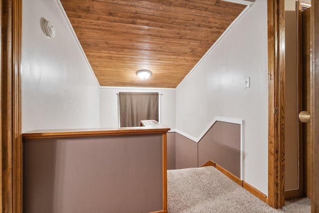 304 W Elm St, Fairbury, IL 61739 - stairs featuring wood ceiling, carpet floors, ornamental molding, and baseboards