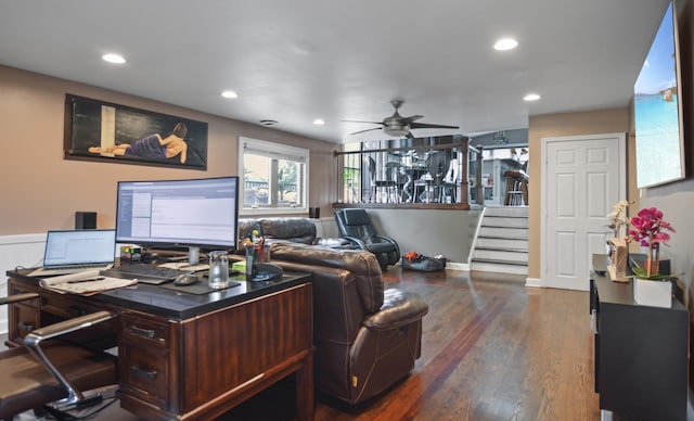 4690 W 130th Ct, Alsip, IL 60803 - office with dark wood finished floors, recessed lighting, ceiling fan, and wainscoting