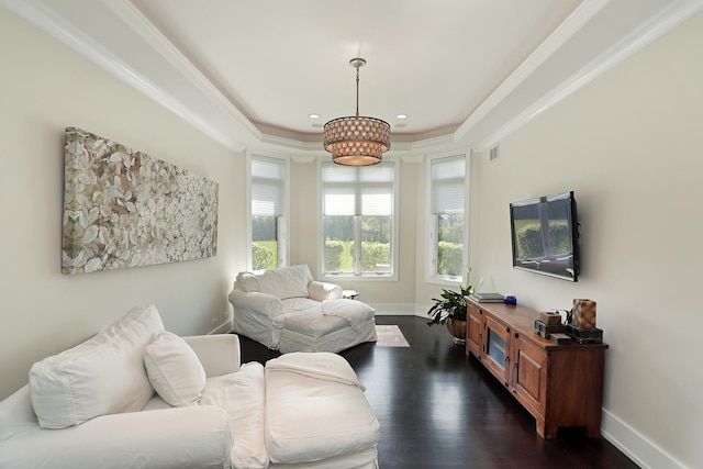 1630 Ridge Rd, Highland Park, IL 60035 - living room with a tray ceiling, recessed lighting, dark wood-type flooring, baseboards, and crown molding