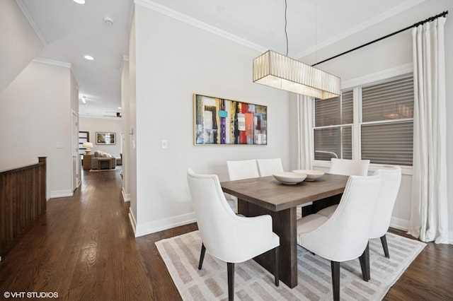 dining area featuring baseboards, dark wood-style floors, ornamental molding, and recessed lighting