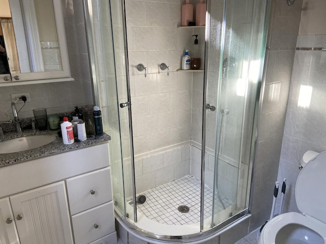 full bath featuring vanity, toilet, and a shower stall