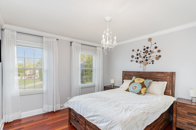 bedroom with an inviting chandelier, dark wood-type flooring, baseboards, and crown molding