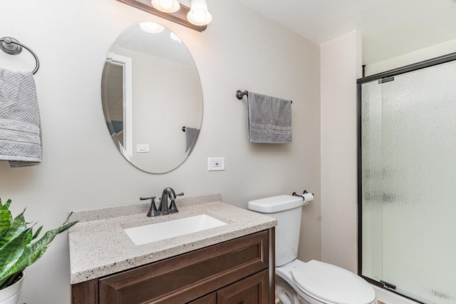 full bathroom featuring toilet, vanity, and a shower stall