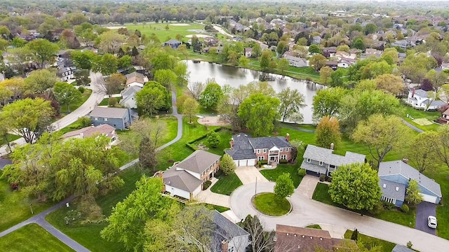 birds eye view of property featuring a water view and a residential view