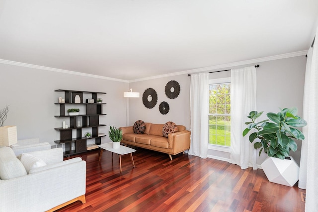 living room with ornamental molding and dark wood-style floors