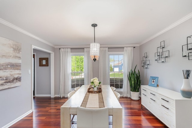 dining area with baseboards, dark wood-style flooring, and ornamental molding