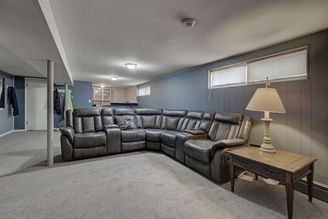carpeted living area with bar