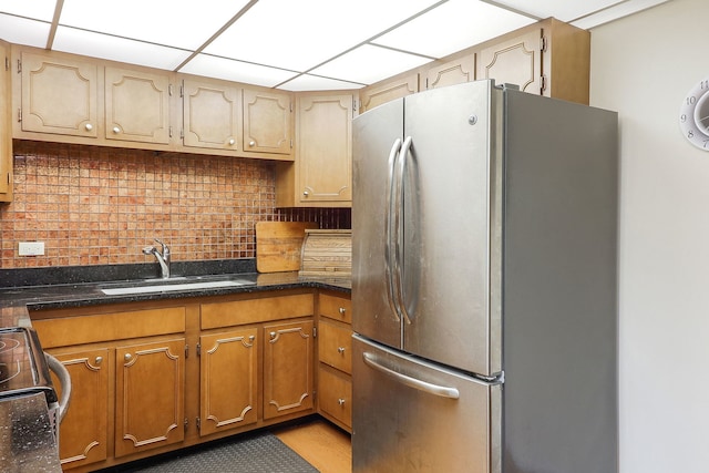 5300 Walnut Ave Unit 4D, Downers Grove, IL 60515 - kitchen with freestanding refrigerator, a sink, electric stove, backsplash, and brown cabinets