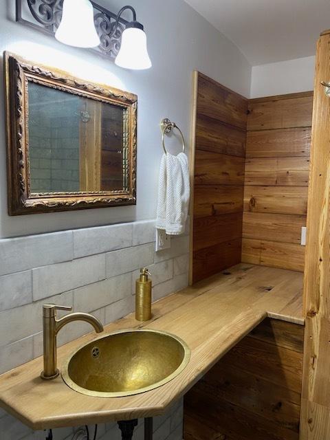 bathroom featuring a sink, wood walls, tasteful backsplash, and hardwood / wood-style floors