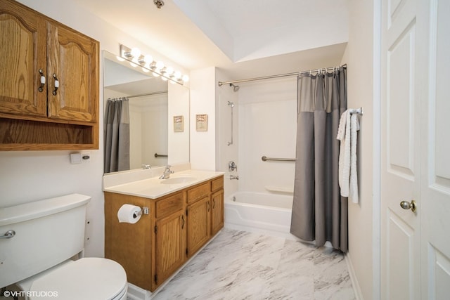 1220 Depot St Unit 112, Glenview, IL 60025 - full bath featuring vanity, toilet, shower / bathtub combination with curtain, and marble finish floor